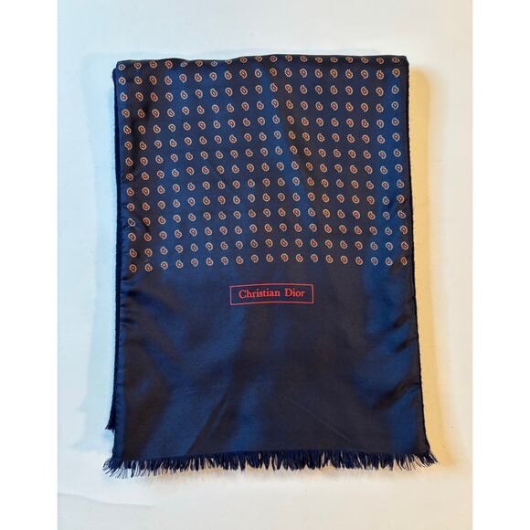 CHRISTIAN DIOR Vintage Navy Paisley Scarf, Dbl Sided Italian Silk & English Wool - Picture 1 of 5